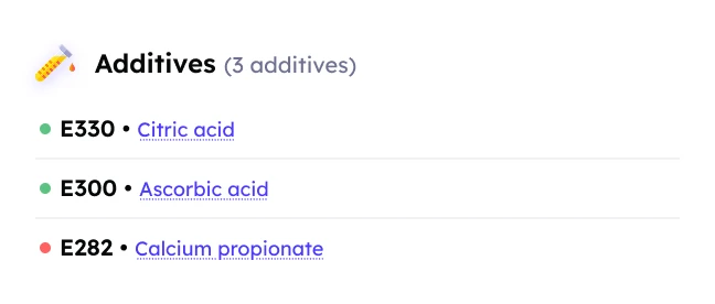 Additives: citric acid, ascorbic acid and calcium propionate