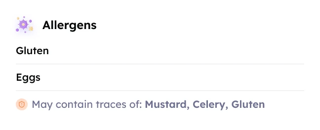 Allergens: gluten and eggs, with a warning about possible traces of mustard, celery and gluten