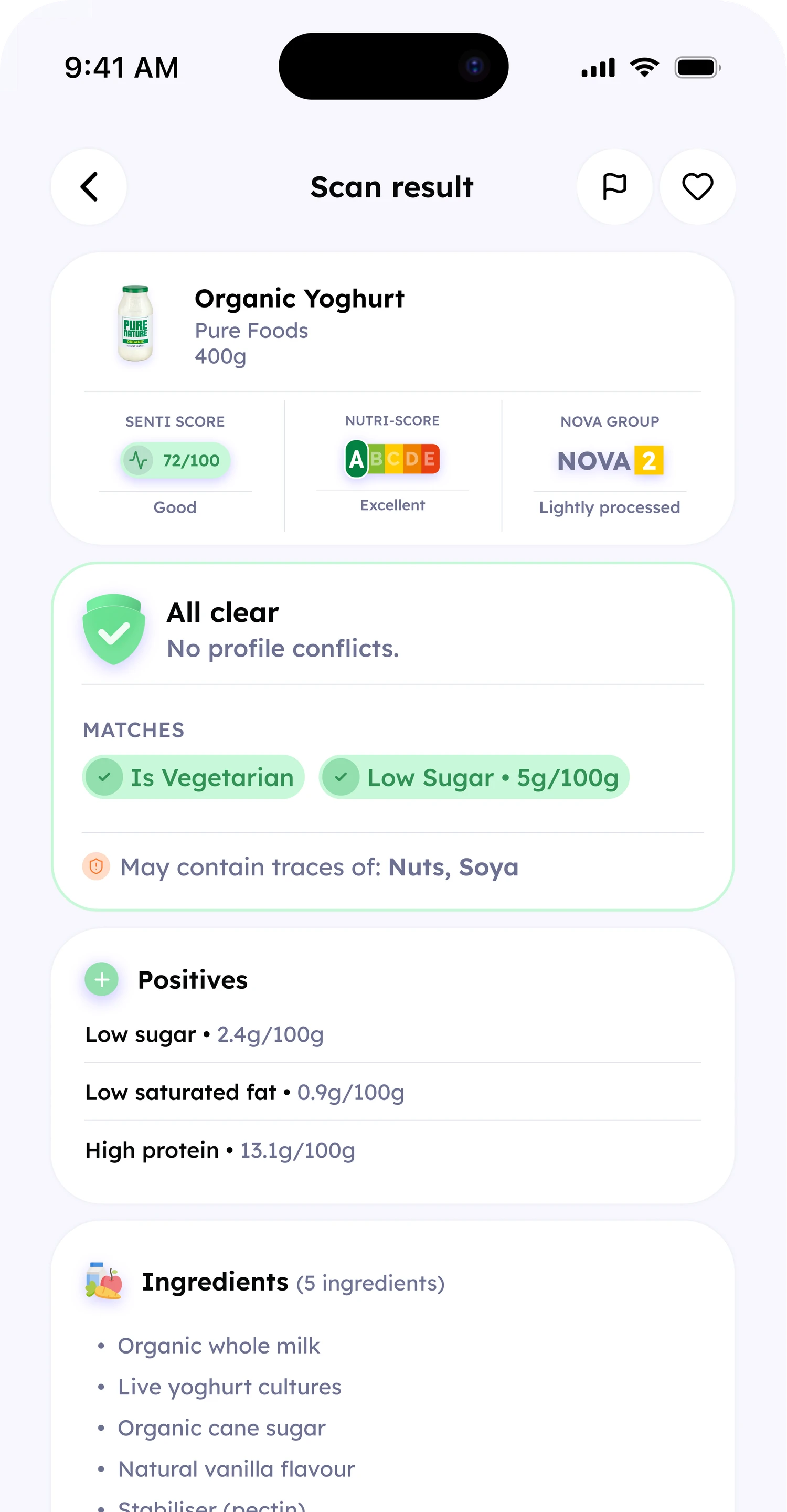 Senti scan result with personalised food scores and dietary matches
