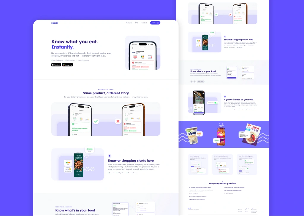 Senti website product sections and footer